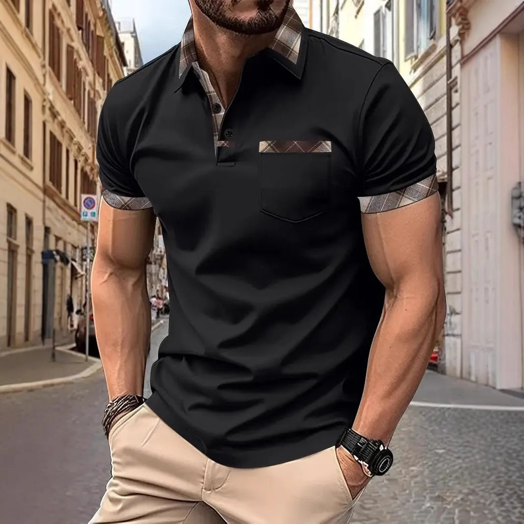 Men's plaid colourblock t-shirt with zipper decorations on short sleeves