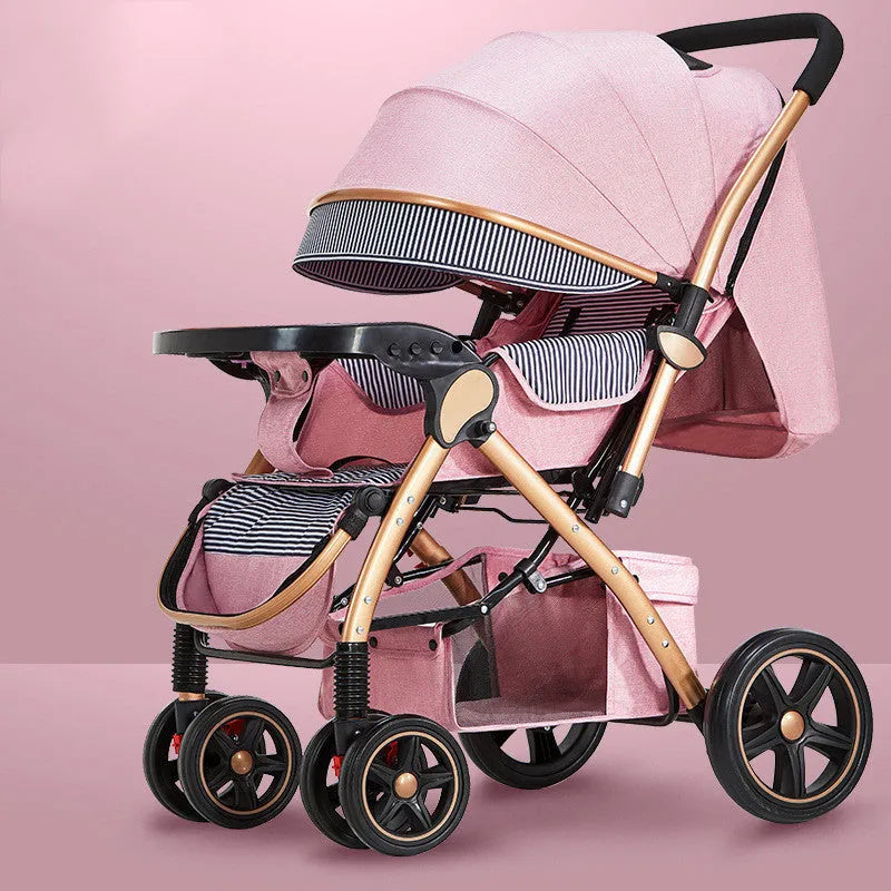 Lightweight folding reversible baby stroller with four-wheel shock absorption in multiple colour options