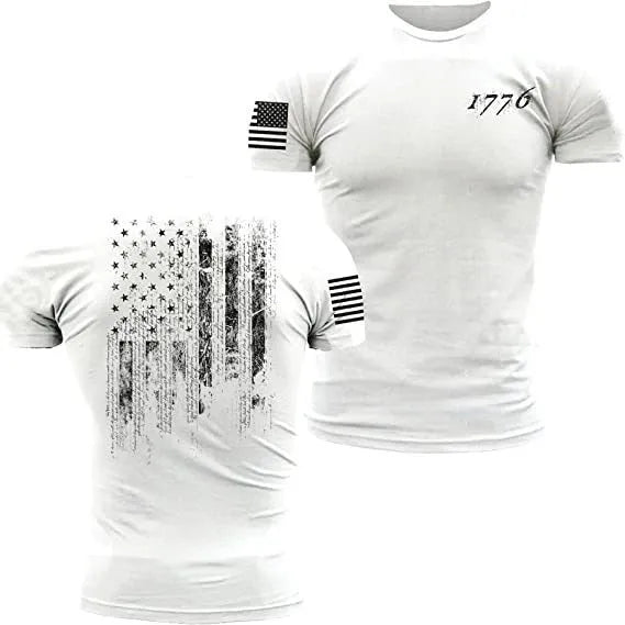 American Acid 1776 US Flag men's short sleeve polyester T-shirt in black, front view