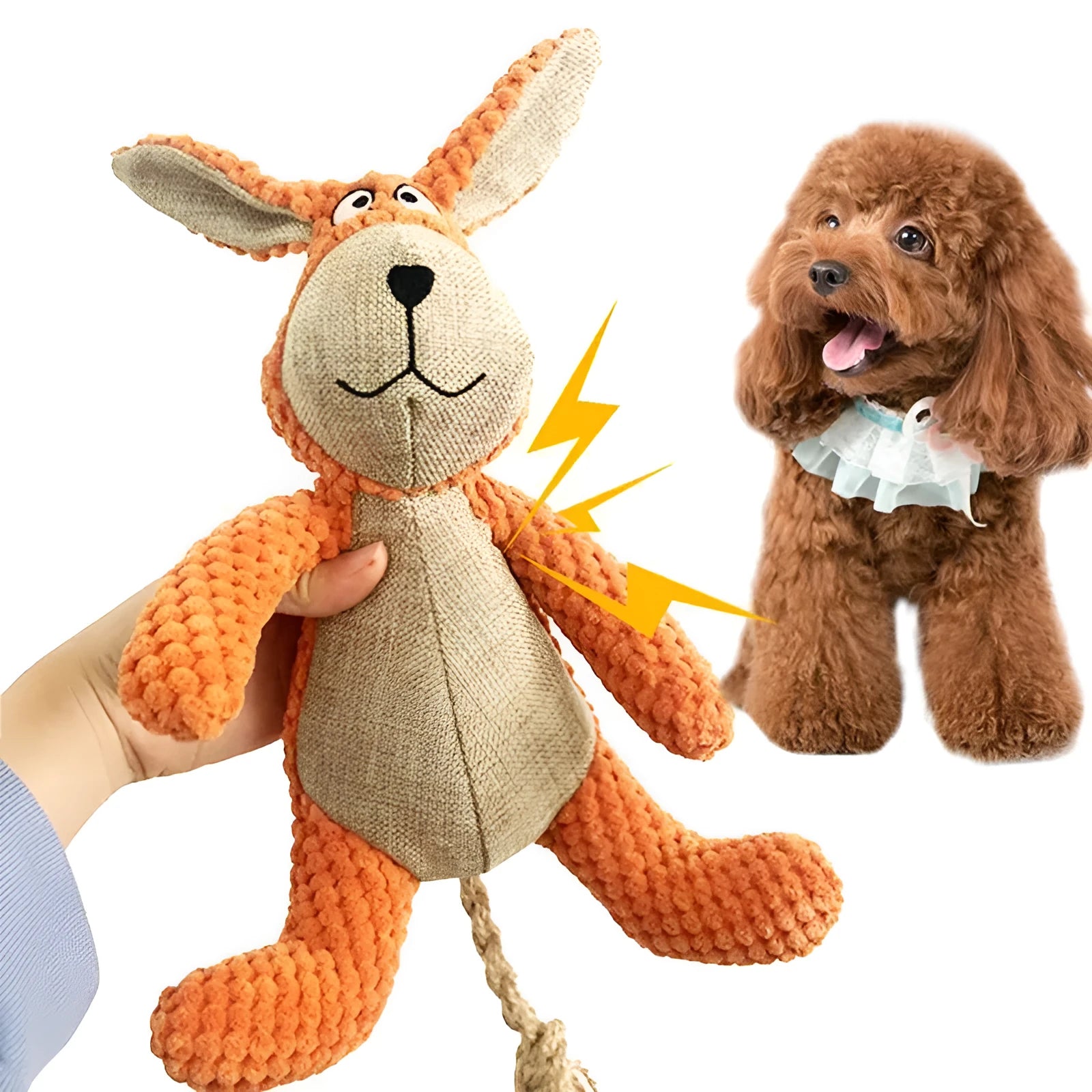 Plush dog chew toy in animal shape with squeaker for teeth cleaning and interactive play