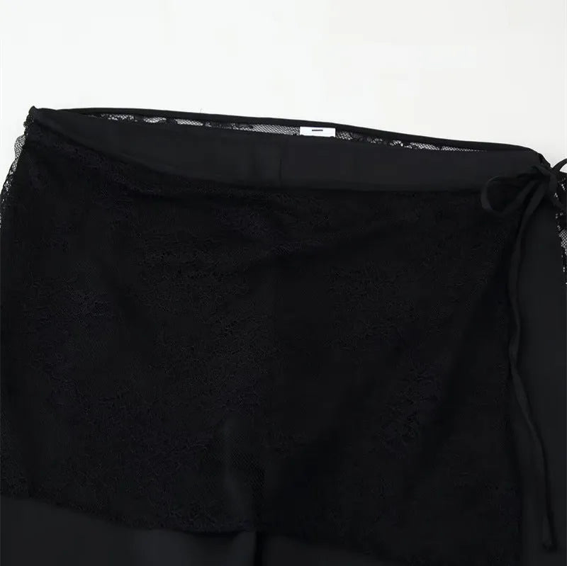 Black straight-leg trousers with lace-up front, loose fit, woven nylon, sizes XS to L