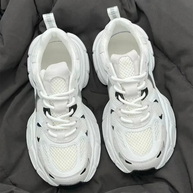 Beige mesh platform sports shoes with wedge sole and lace-up front