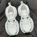 Beige mesh platform sports shoes with wedge sole and lace-up front