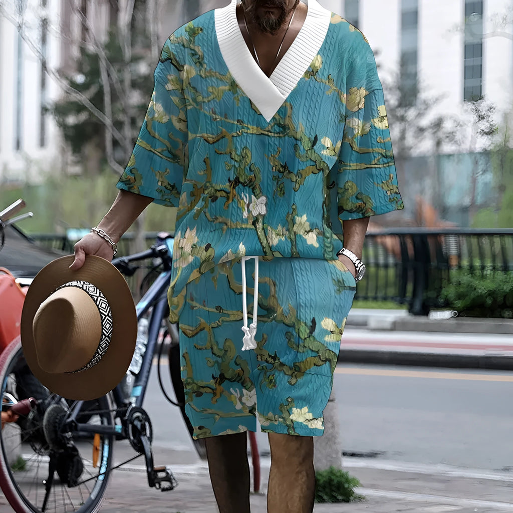 Men's peacock blue 3D printed knit shorts suit set with matching T-shirt