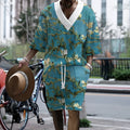 Men's peacock blue 3D printed knit shorts suit set with matching T-shirt