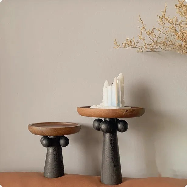 Nordic style wooden round tray on high legs for candle and perfume display organisation