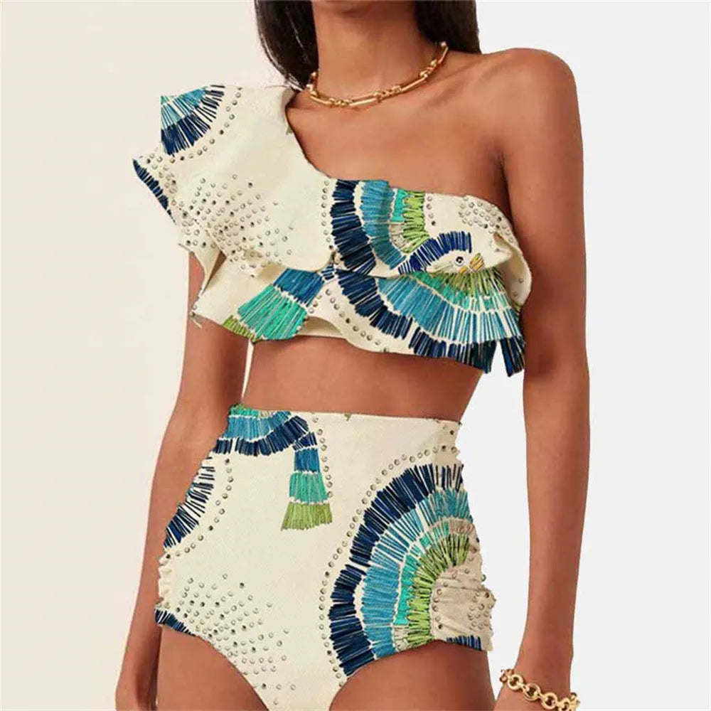 White women's one-shoulder bikini with a large double-layer lotus leaf detail and high thigh split.