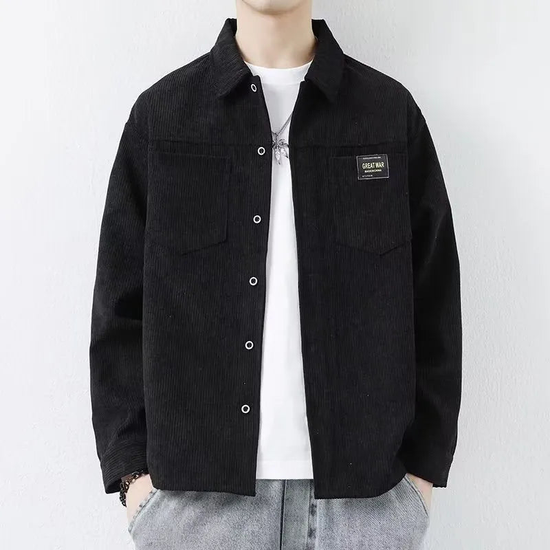 Men's casual corduroy jacket in cardigan style with long sleeves showing colour options