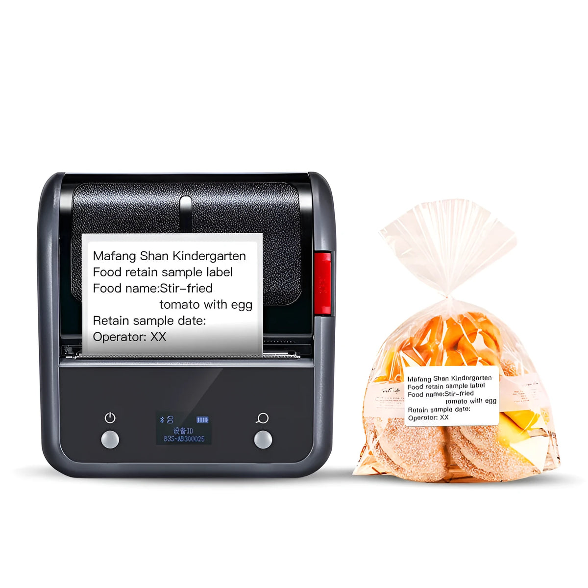 B3S grey commercial smart label printer with 203dpi thermal printing, Bluetooth, 20-75mm label width, 116x110x58mm
