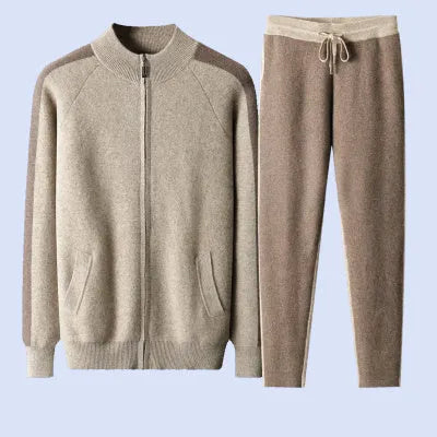 Men's thickened cashmere blend half turtleneck zipper cardigan suit in navy grey and camel winter leisure set