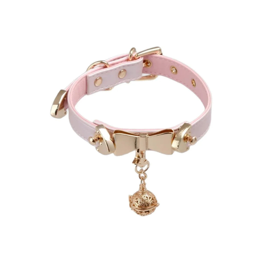 Hand holding rope little bell shape collar with alloy pendant, PU pearl powder, bow, geometric shape, 41-50cm