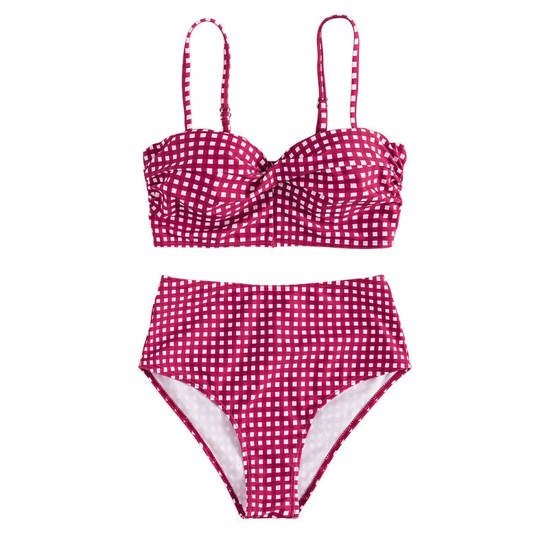 Women's high waist bikini swimsuit with plaid split design in four colour options