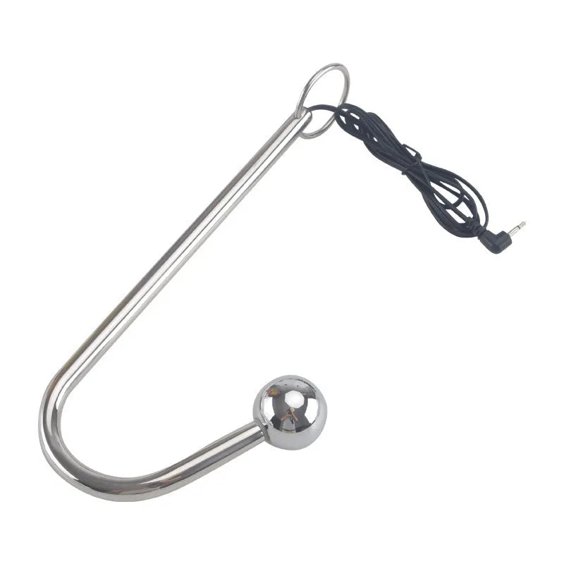 Silver metal stainless steel electric shock couple toy with three round bead sizes on a dark surface