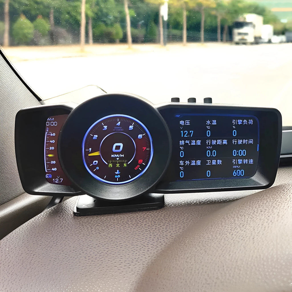 A600 vehicle monitor with 2.4-inch display showing GPS speed, fuel consumption and turbo boost readings