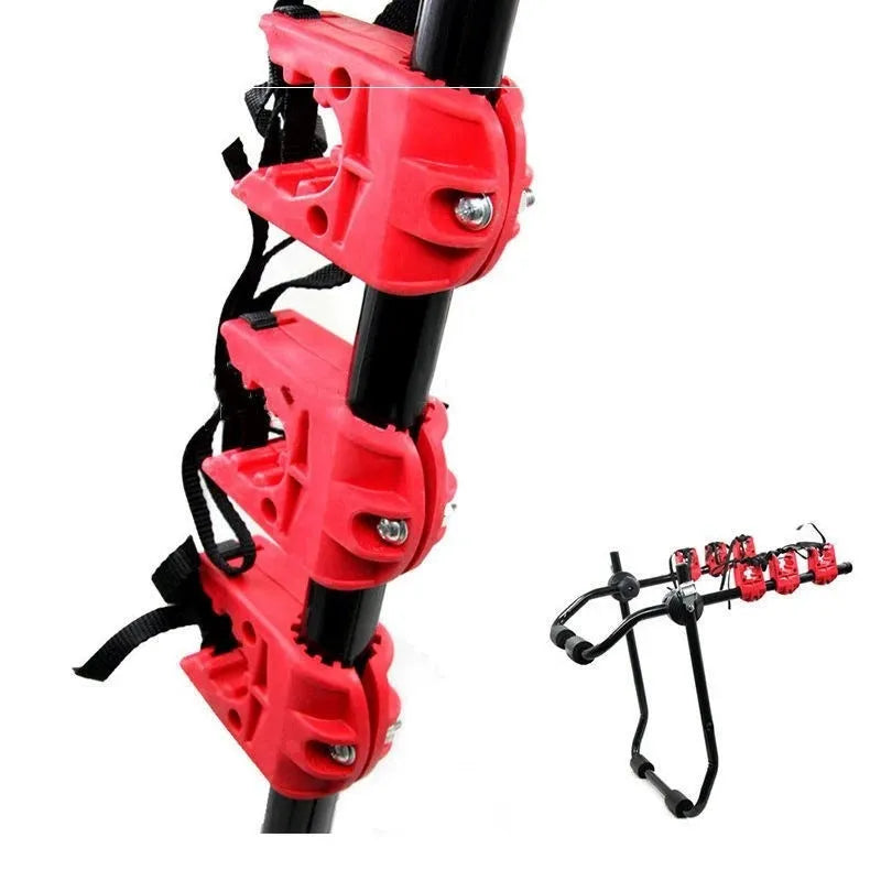 Black and red car trunk-mounted bicycle holder rack with iron construction measuring 73cm by 50cm