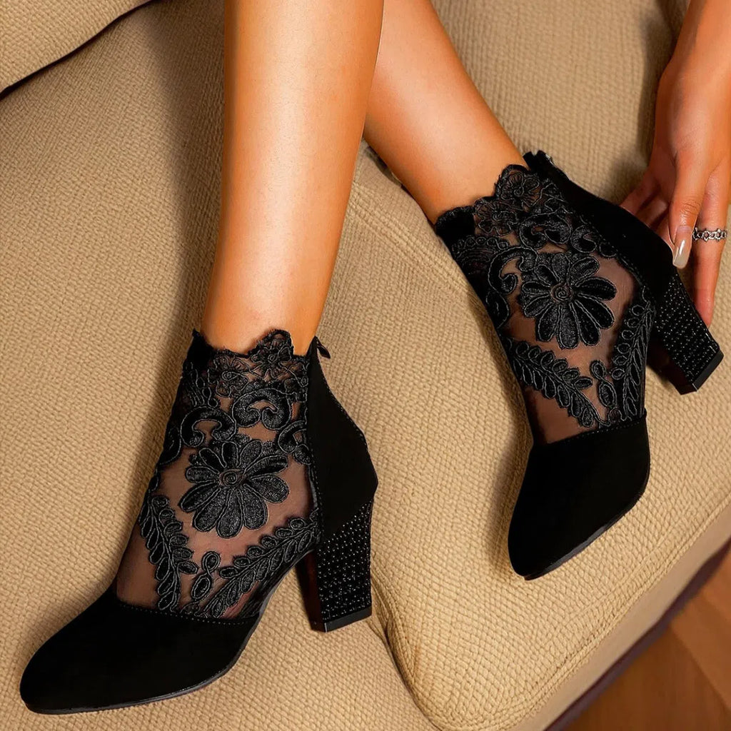 Black lace embroidered mesh ankle boots with chunky rhinestone high heel and suede patchwork