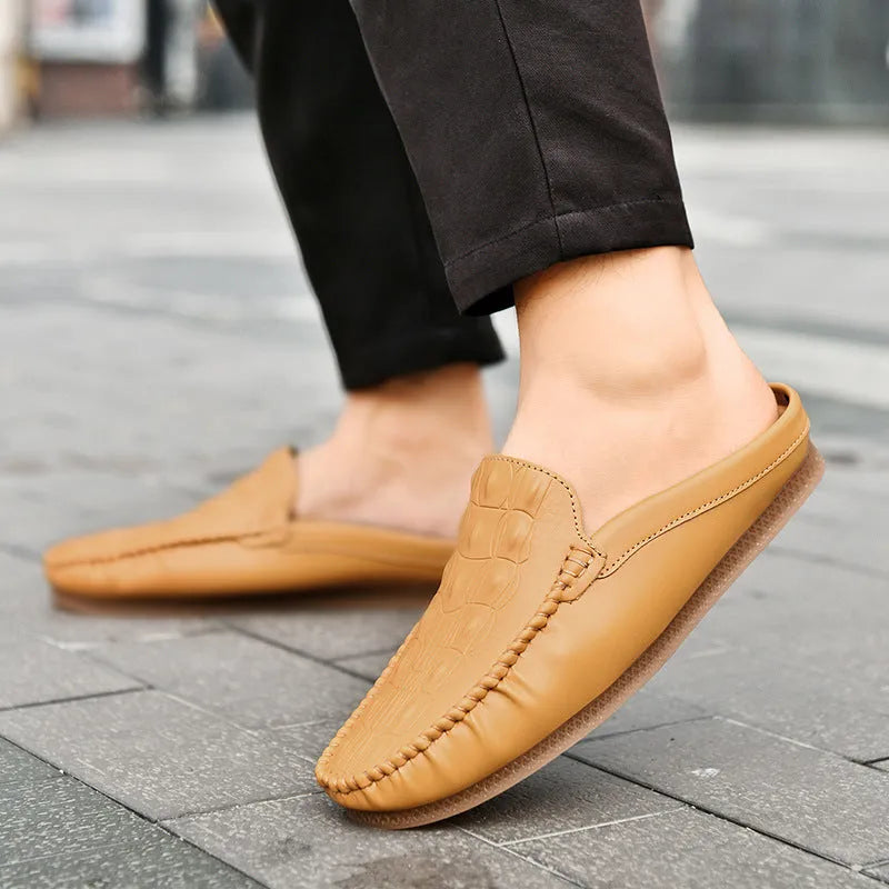 Men's black artificial PU summer semi-slippers with rubber sole shown from side view