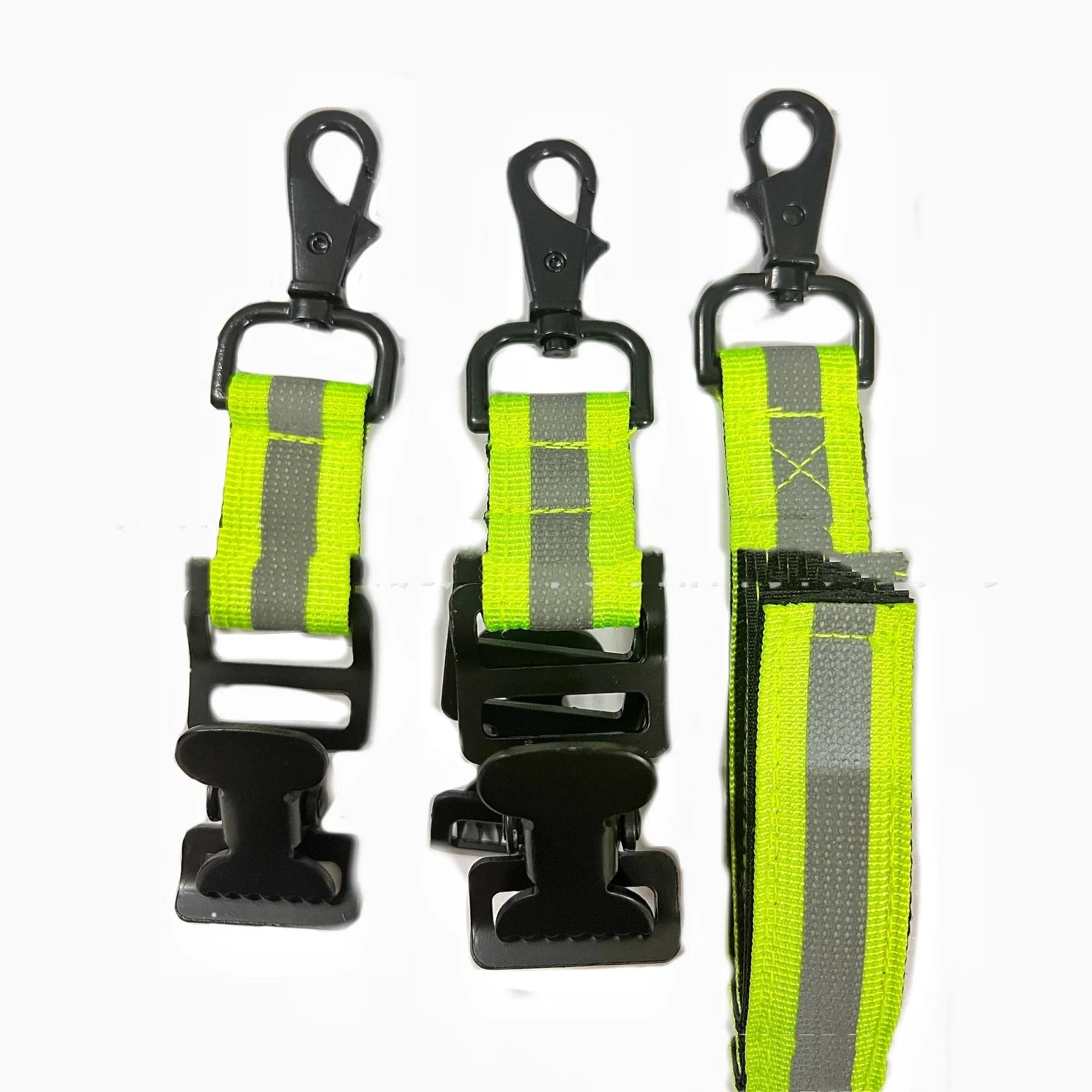 Fluorescent green metal safety clip with buckle for fireman gloves on a reflective nylon lining.
