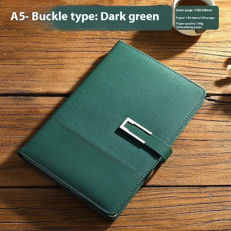 A5 soft PU leather notebook in brown, black, green, blue, or red, showing wood-free paper inside.