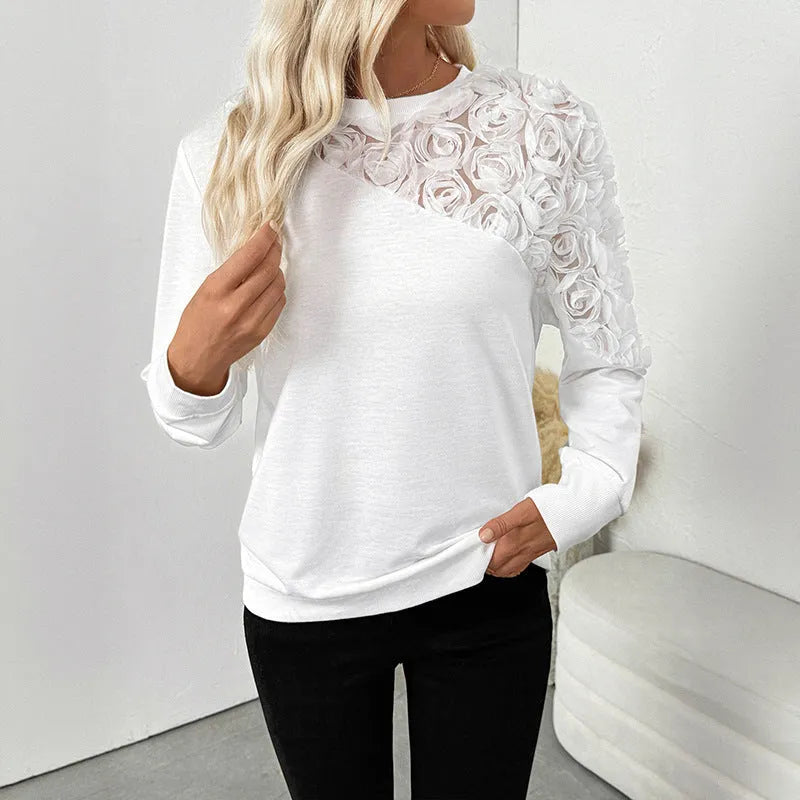 White floral pattern loose fit long sleeve polyester pullover top