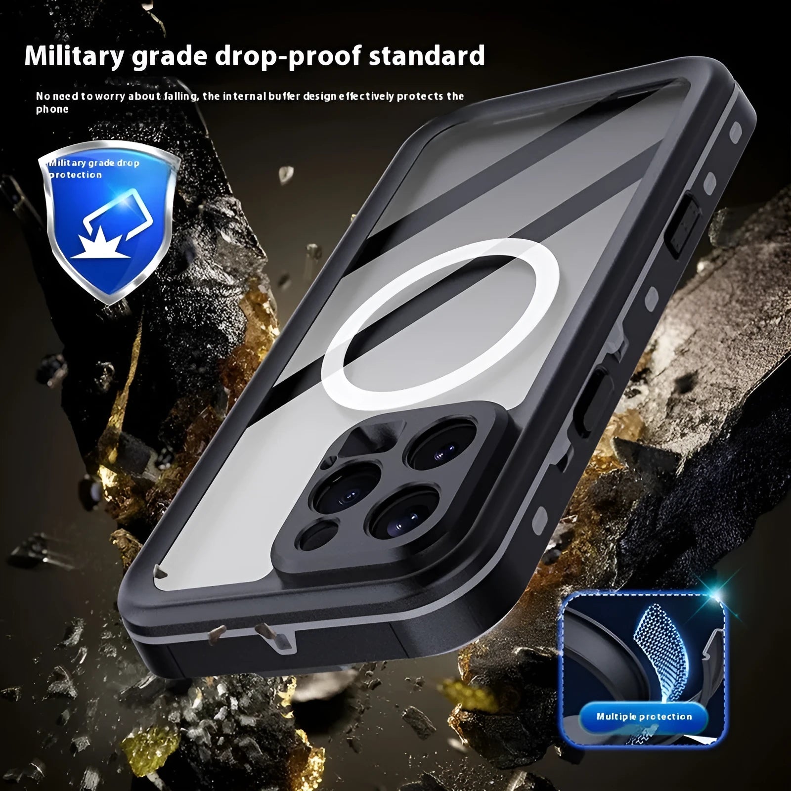 Waterproof phone case for swimming and diving compatible with iPhone 16 series in black and dark gray colour