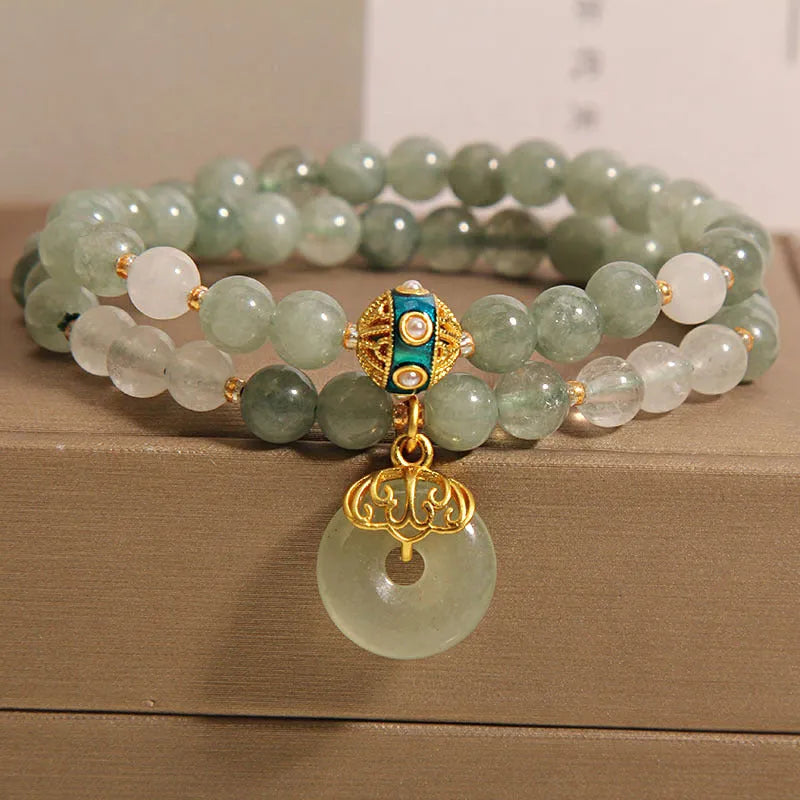 Women's double-layer aventurine jade bracelet with crystal safety buckle and rhinestone decoration