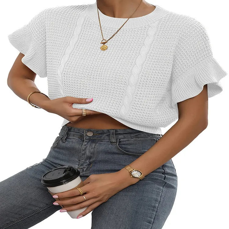 Loose round neck knitted pullover sweater with ruffled short sleeves in khaki colour