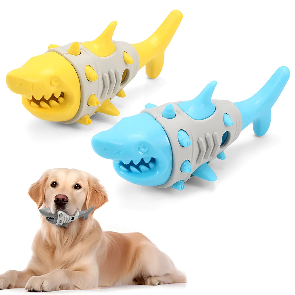 Shark tooth design dog teething toy in blue, grey, or yellow with cleaning ridges