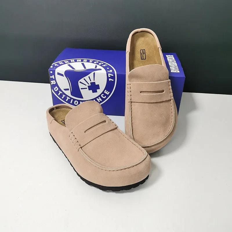 Cowhide retro closed toe half slippers mule platform casual shoes with manual stitching in black suede, gray green, and mud colours