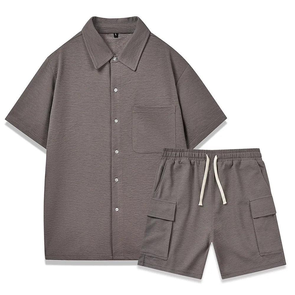 Elastic waist shorts two-piece set with short sleeve top in polyester fabric