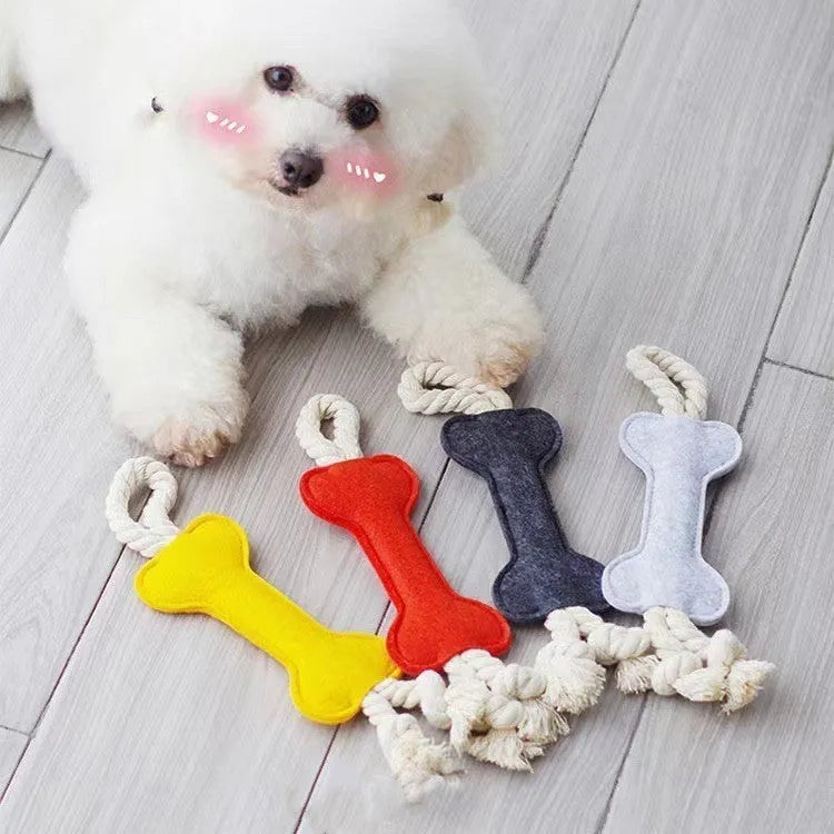 Bone-shaped felt dog chew toy in colour option for dental grinding