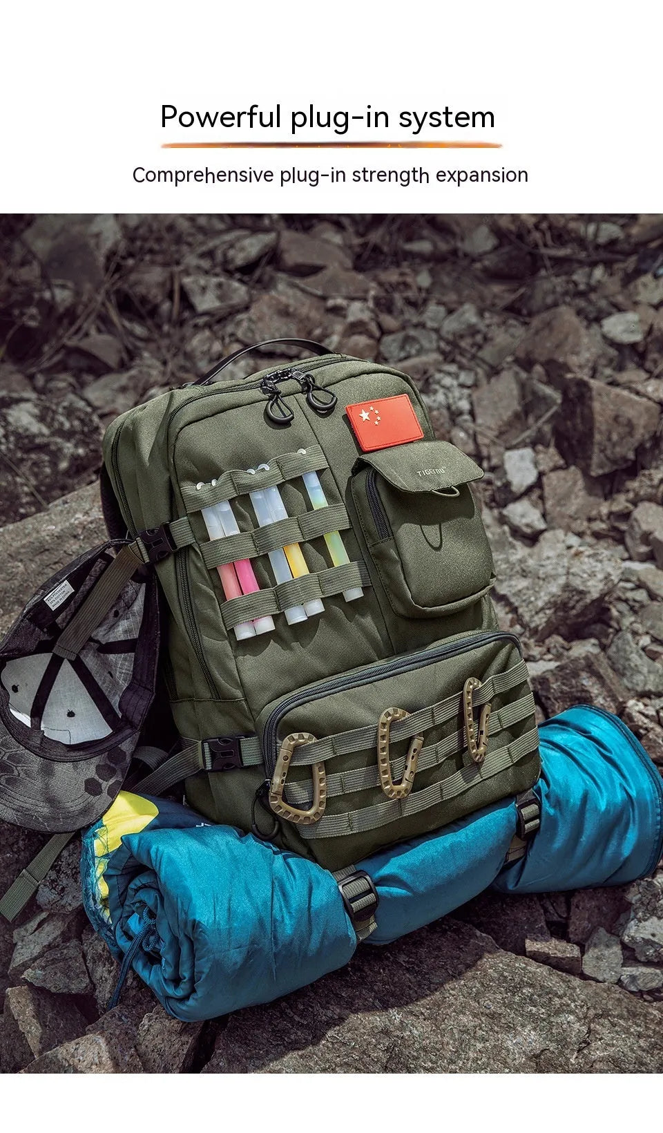 Army green tactical backpack with 17 inch size showing wear-resistant nylon construction