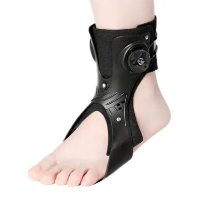 Grey and black ankle support brace with airbag button system for training and rehabilitation