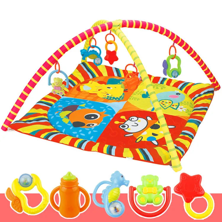 Personality brand velvet baby gymnastic rack game blanket with animal pattern on floor.