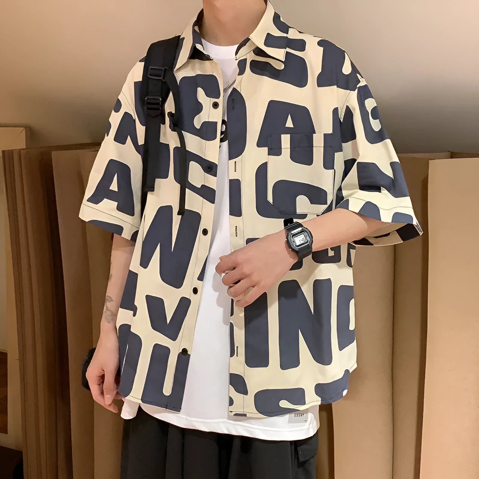 Men's cotton blend hip hop short sleeve shirt in loose fit summer style, Army Green colour