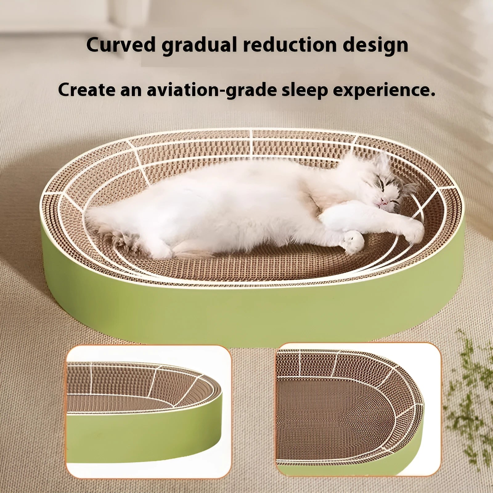 55cm oval green corrugated paper cat scratch board with integrated cat nest design