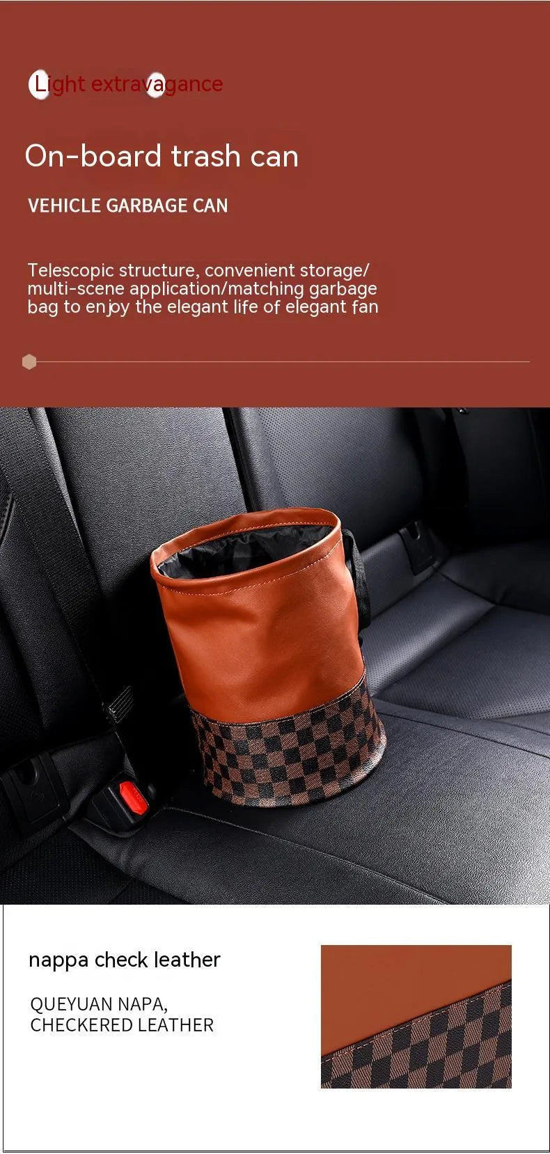 Brown retractable leather trash can for car interior use, shown with handle.