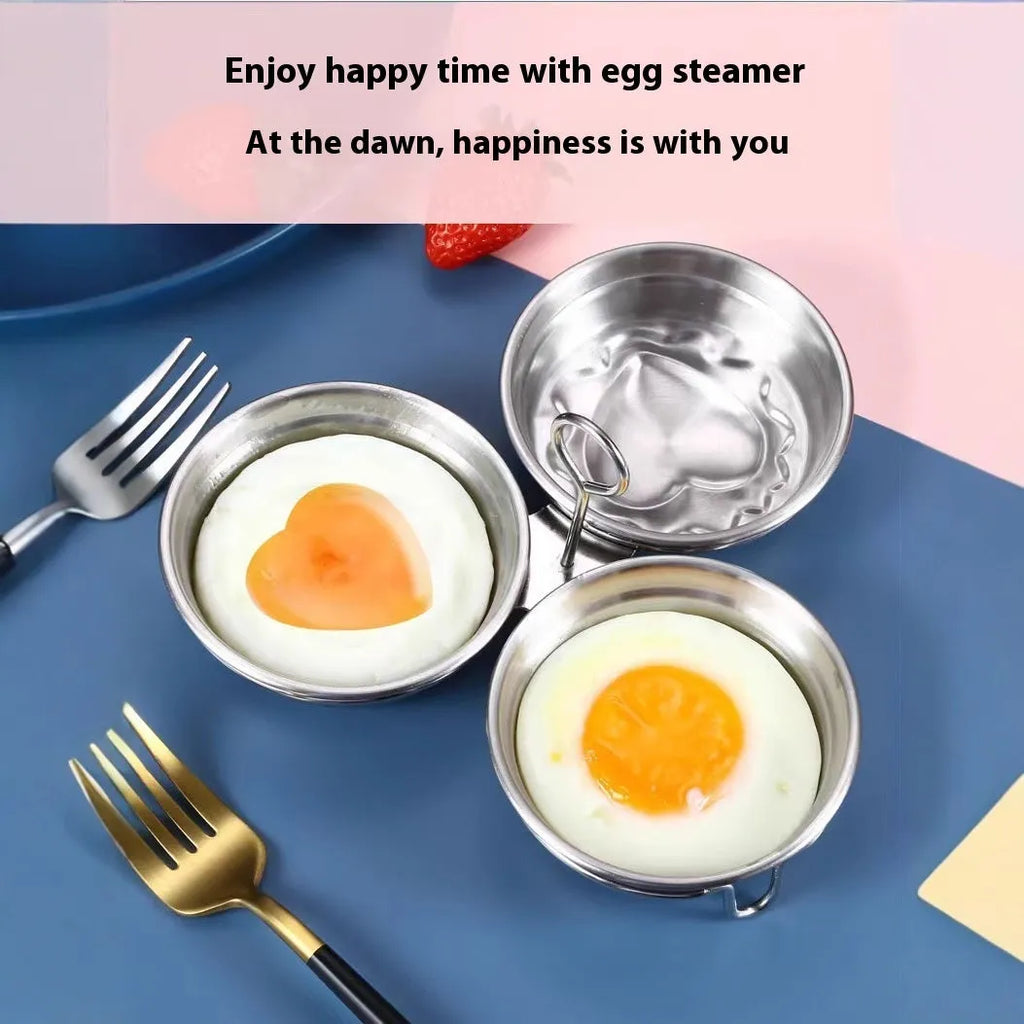 Stainless steel mini egg cooker with a heart-shaped mould and a round mould for steaming eggs.