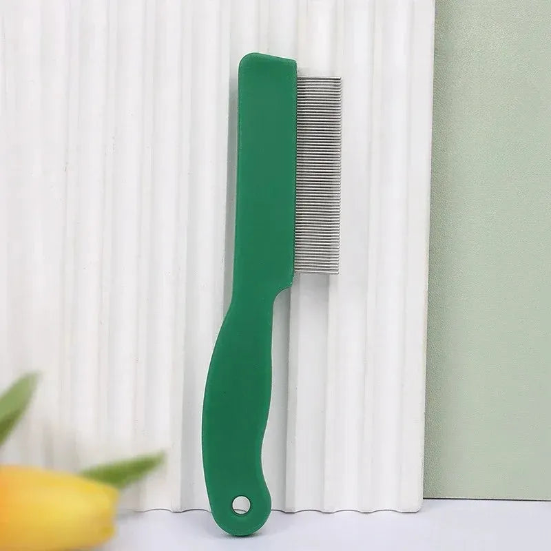 Green pet flea comb with stainless steel pins and plastic handle for dogs and cats
