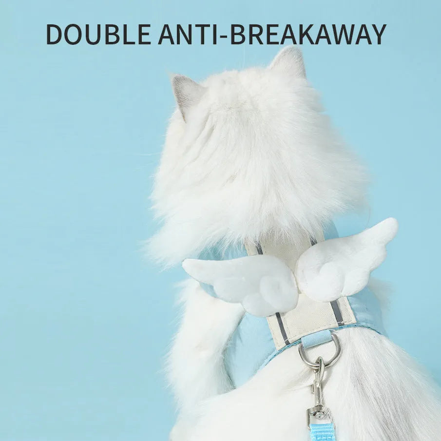 Adjustable cat harness and leash set with angel wings design, breathable air mesh, blue or green, sizes S to XL