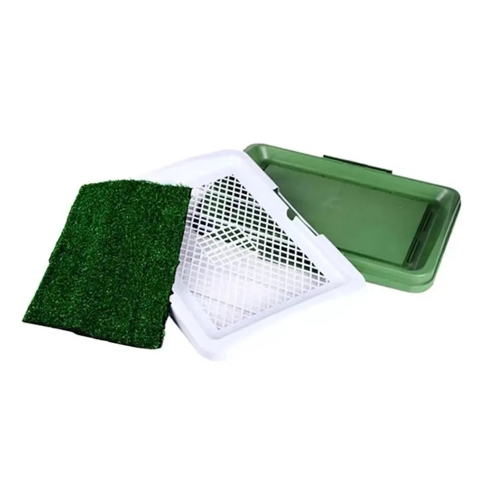 Green synthetic turf dog toilet training tray with three-layer construction