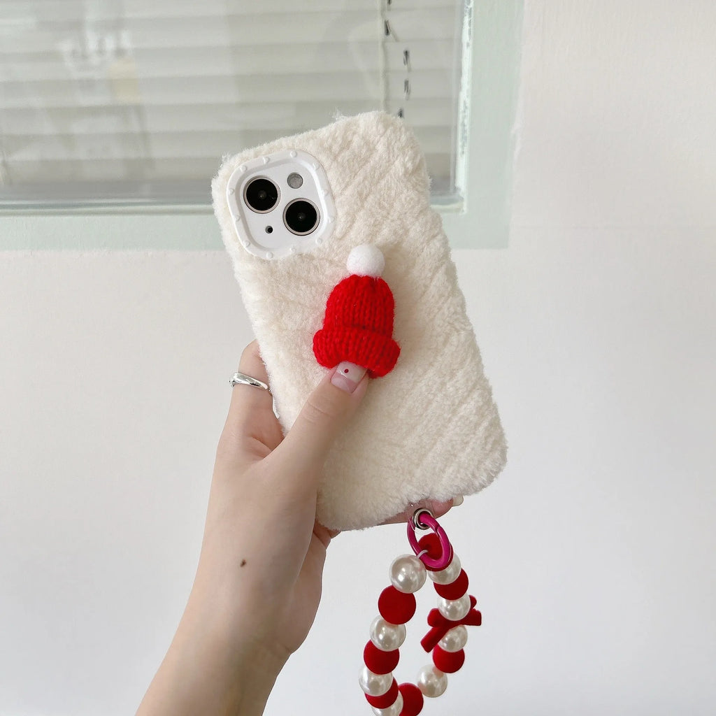 Red silicone phone case with plush Christmas hat bracelet for iPhone 14 Pro Max
