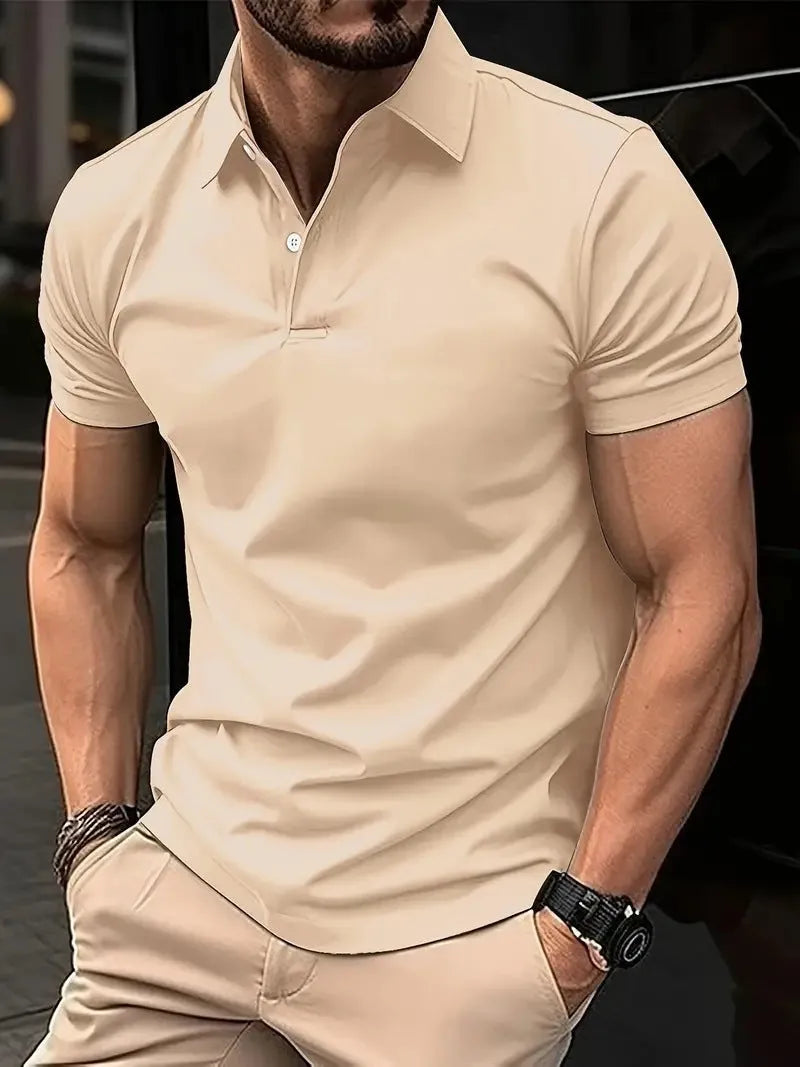 Men's solid colour casual short sleeve button shirt in slim fit, shown in multiple colour options.