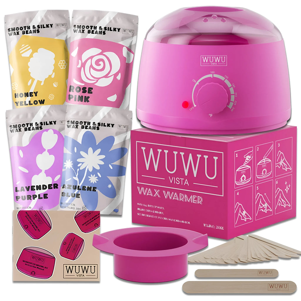 27 piece hair removal waxing kit with digital warmer, four coloured wax bead pots, and applicator sticks