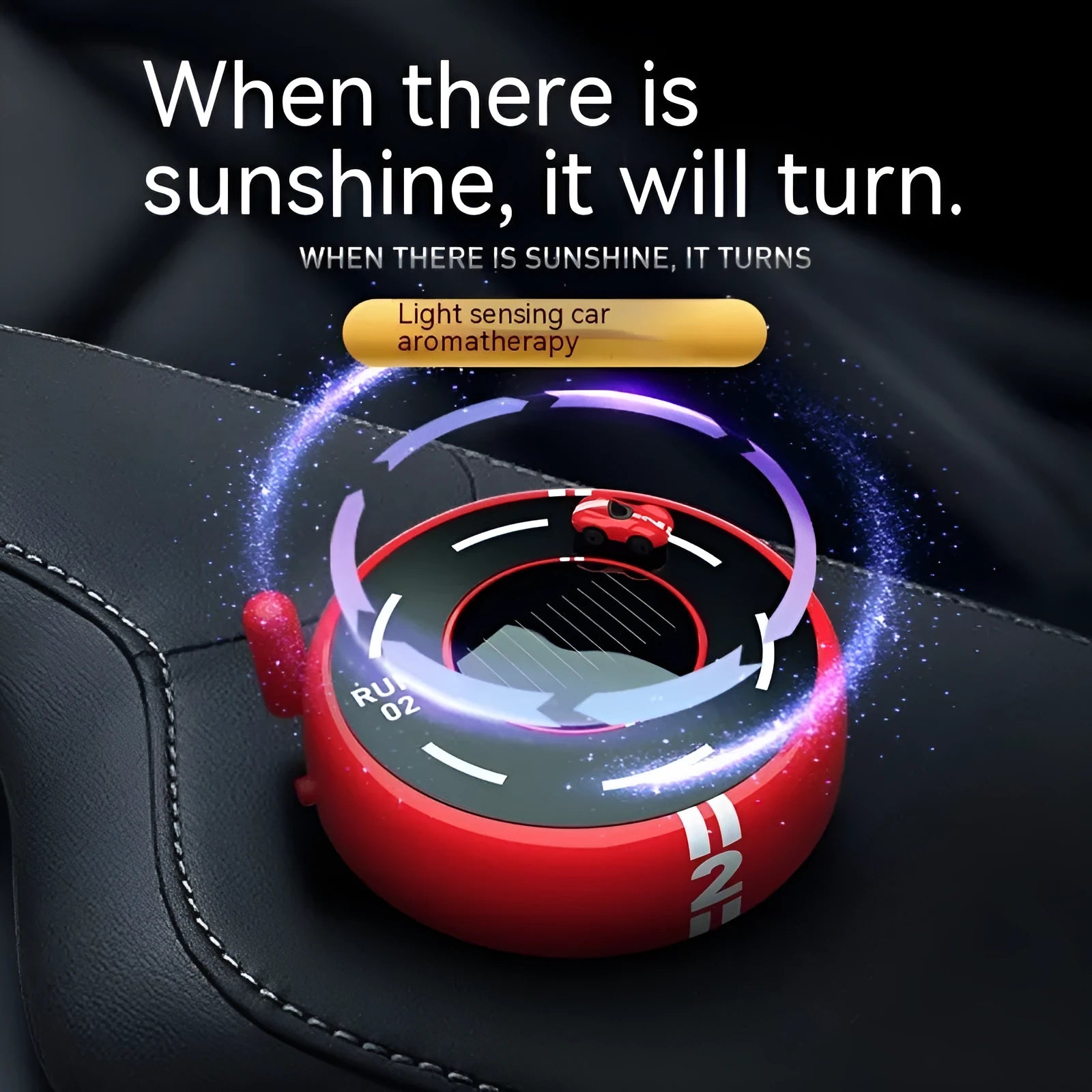Solar-powered round car-shaped perfume diffuser with USB charging port in black, red, or white