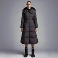 Long casual hooded warm white duck down jacket for women in black, medium length 65cm