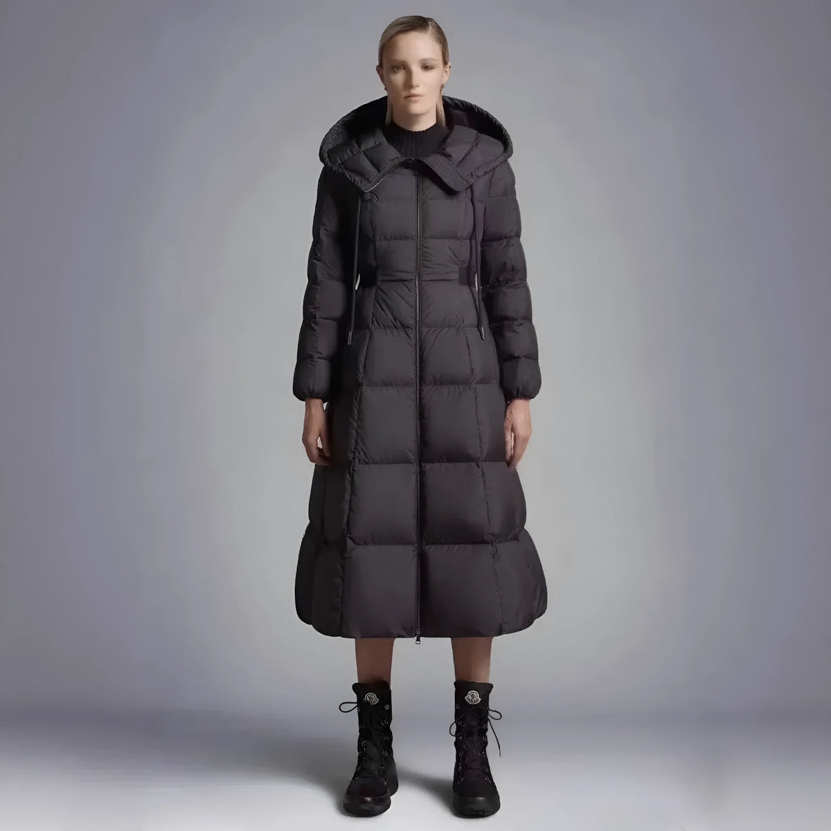 Long casual hooded warm white duck down jacket for women in black, medium length 65cm