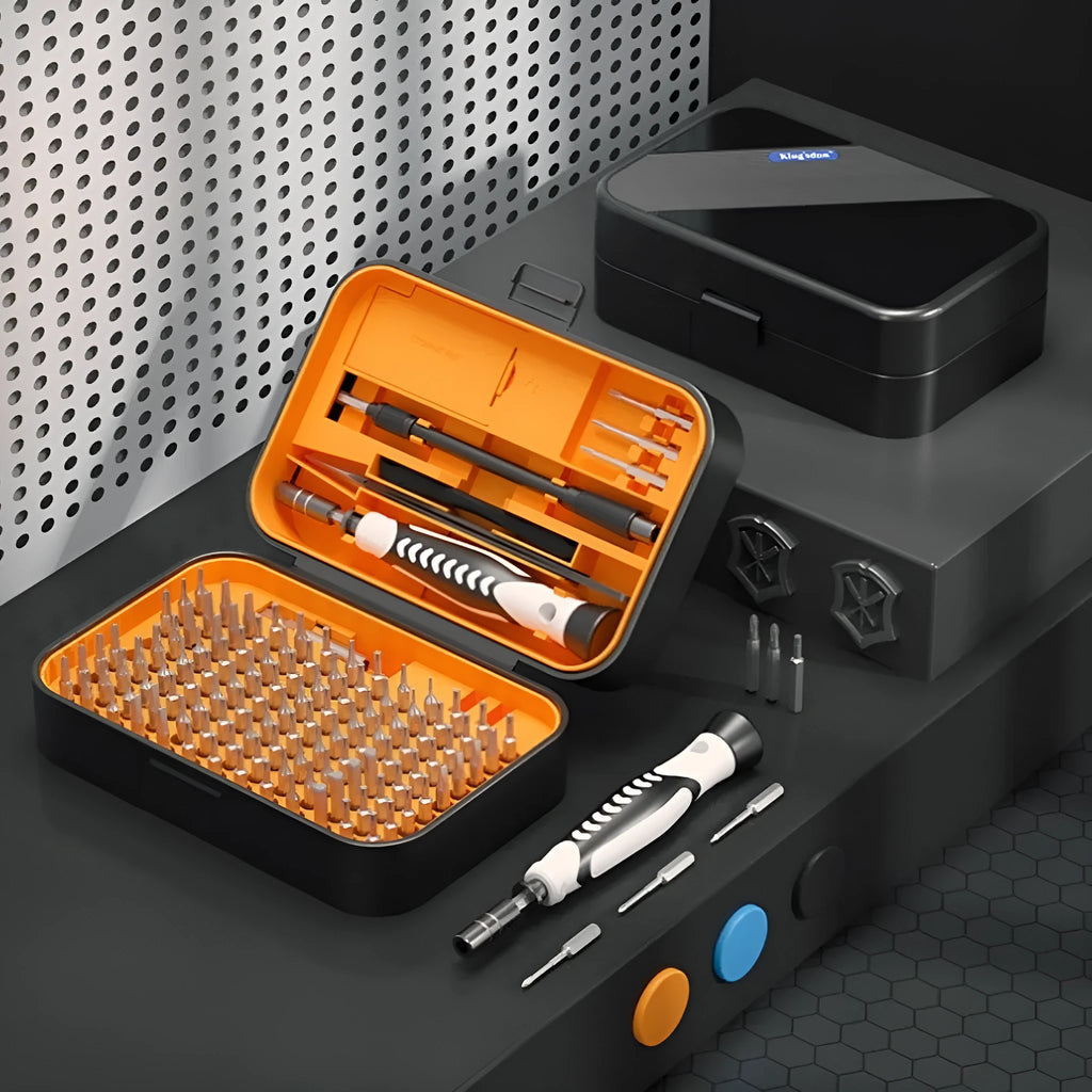130 In 1 precision screwdriver tool set in orange and blue case with CRV bits