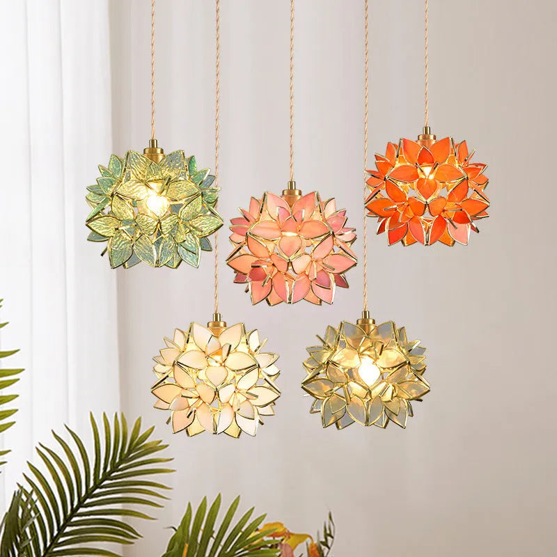 Stained glass hanging chandelier with copper fittings in blue, orange, pink, white or transparent colour options
