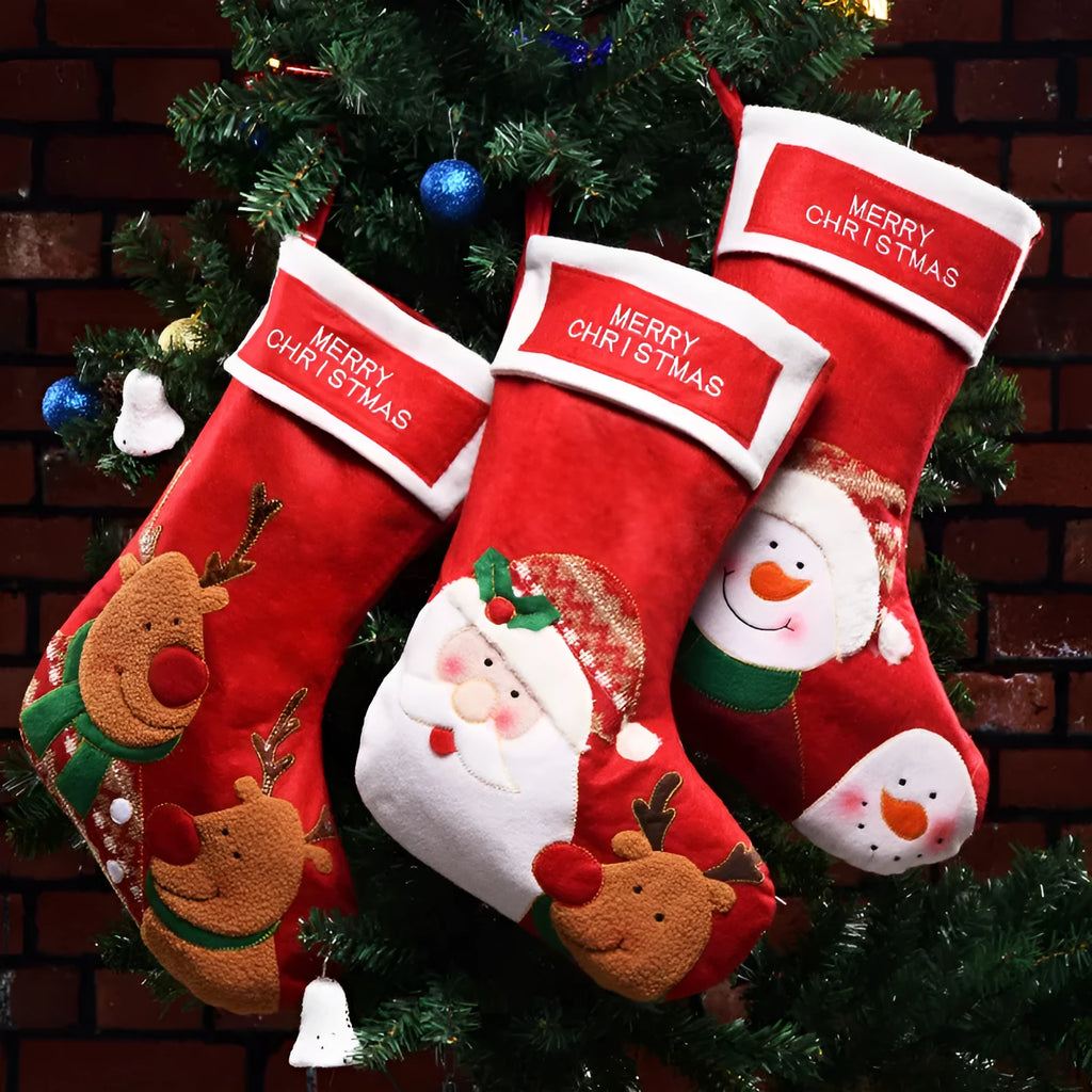 American folk style Christmas candy bag with elk, snowman, and elderly man designs, made from non-woven fabric.